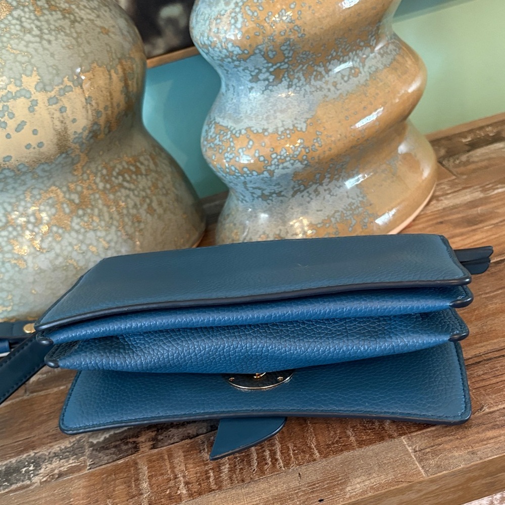 New Michael Kors Denim Blue Pebbled Leather Crossbody with Gold MK Emblem - Picture 8 of 10